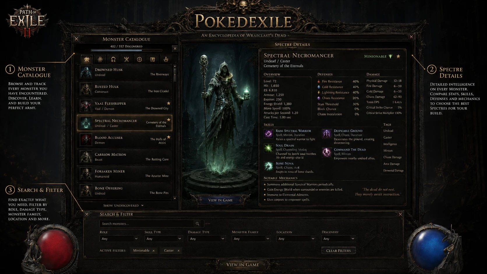 Pokedexile concept showing a monster catalogue, detailed spectre information, and search filters in a Path of Exile-style interface.